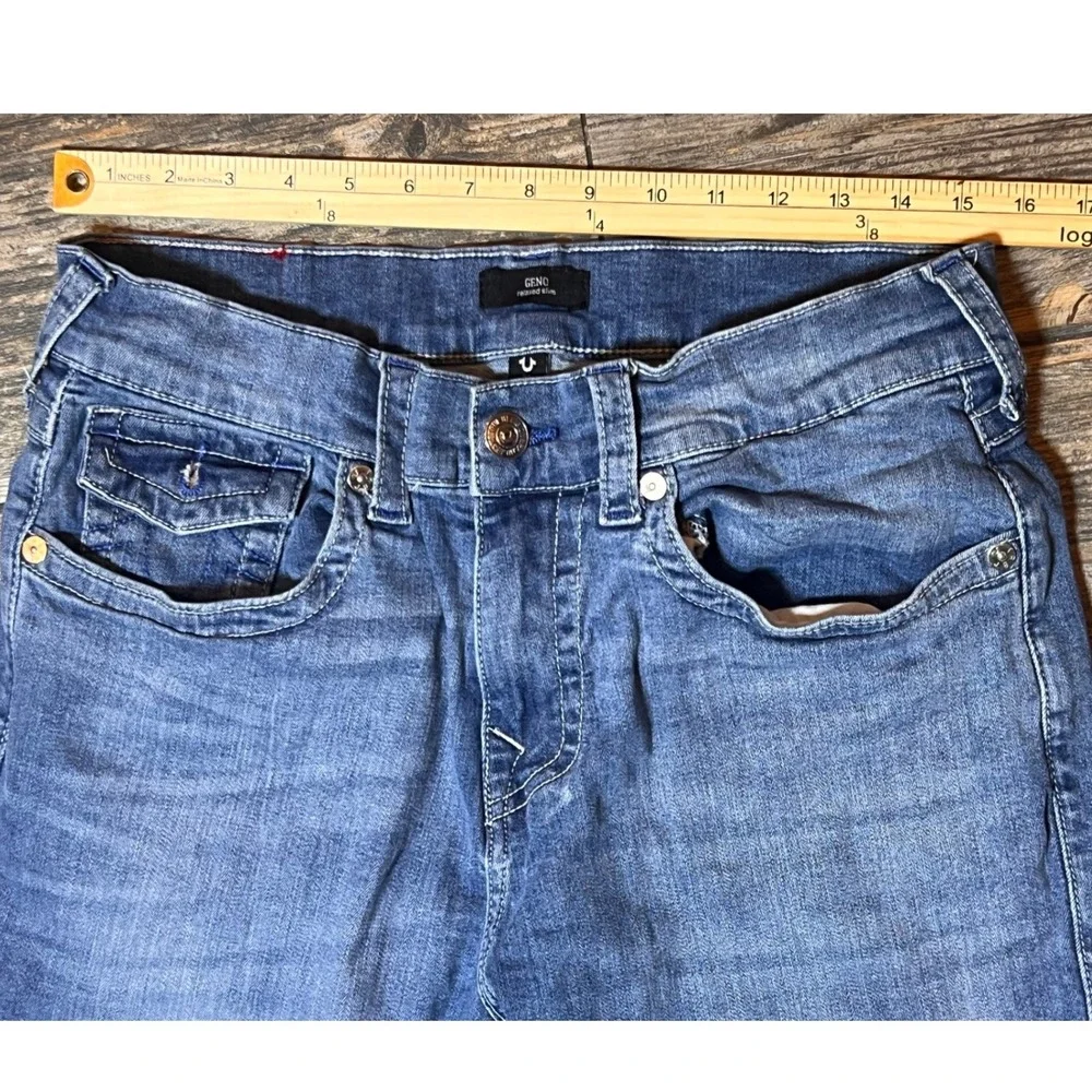 True Religion Geno Relaxed Slim Jeans Mens 34x33 Denim Pants Whiskered Horseshoe